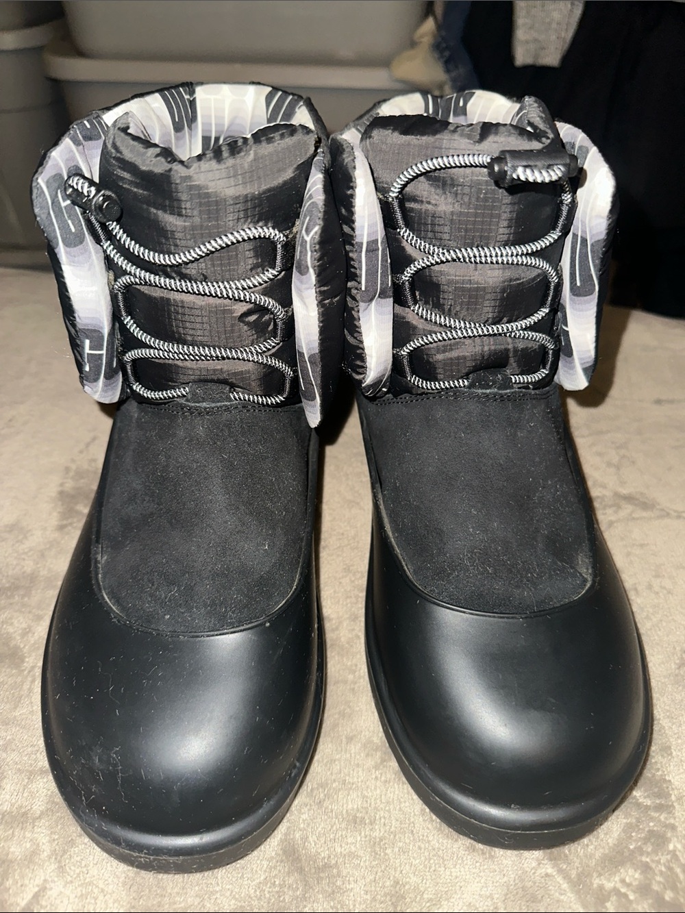 UGG Black Winter Rain Boots with Gray Patterned Cuff